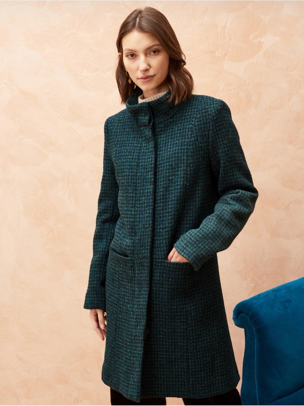 Brora Scottish Wool Funnel-Collar Coat in Teal Blue